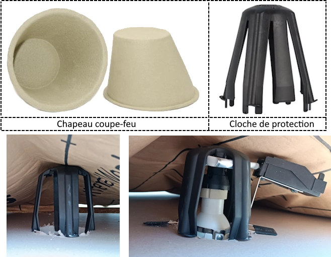 Présentation et exemple cloche de protection et chapeau coupe-feu pour spots