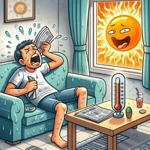 Illustration : une personne accablée par la chaleur dans un séjour, soleil brûlant derrière la fenêtre