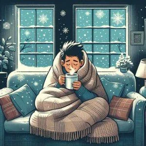 Illustration : une personne emmitouflée dans un plaid avec une boisson chaude, neige derrière la fenêtre