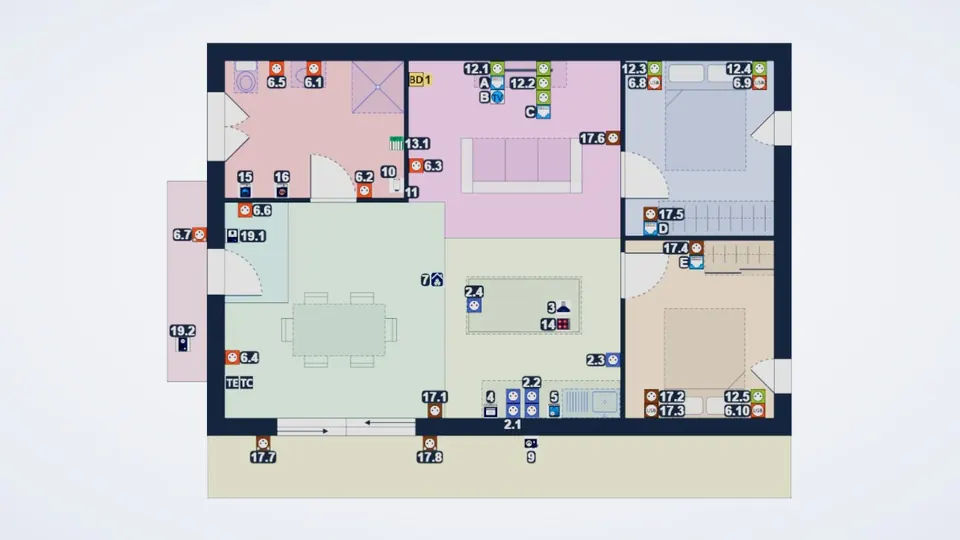 Plan électrique d'une maison vu de dessus, avec les pièces et l'appareillage